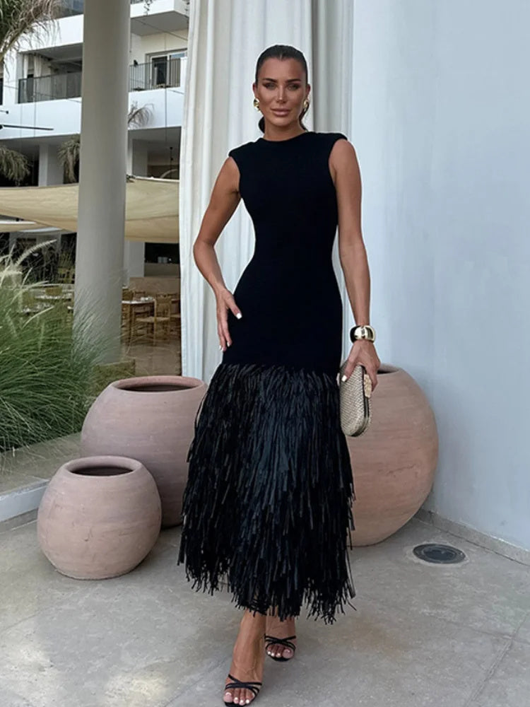 Solid Color Hem Fringe Knitted Halter Dress