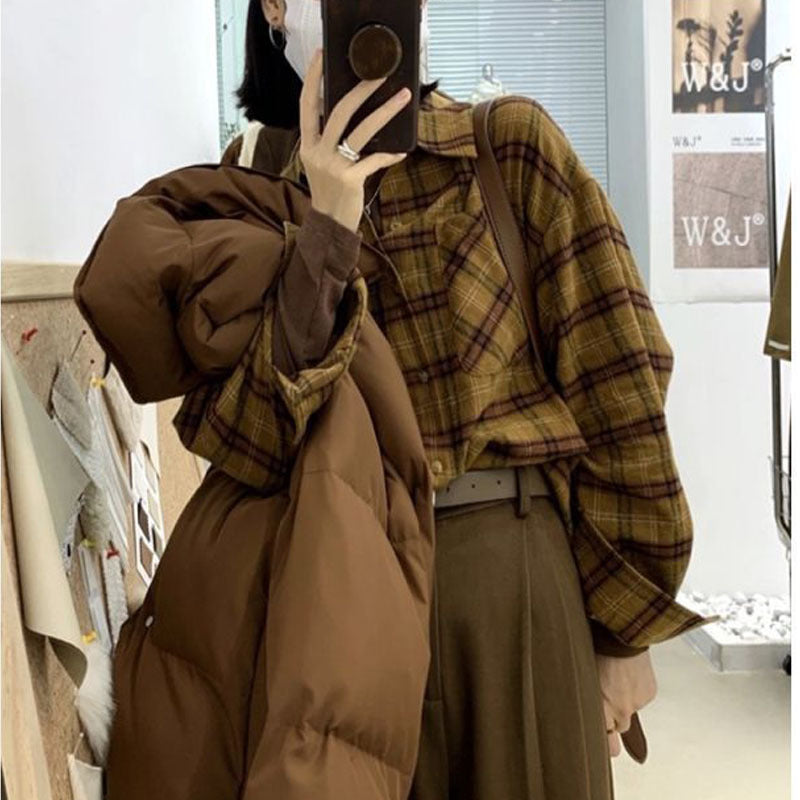 Vintage Women's Plaid Shirt Oversized Blouse Korean Fashion Long Sleeve Top