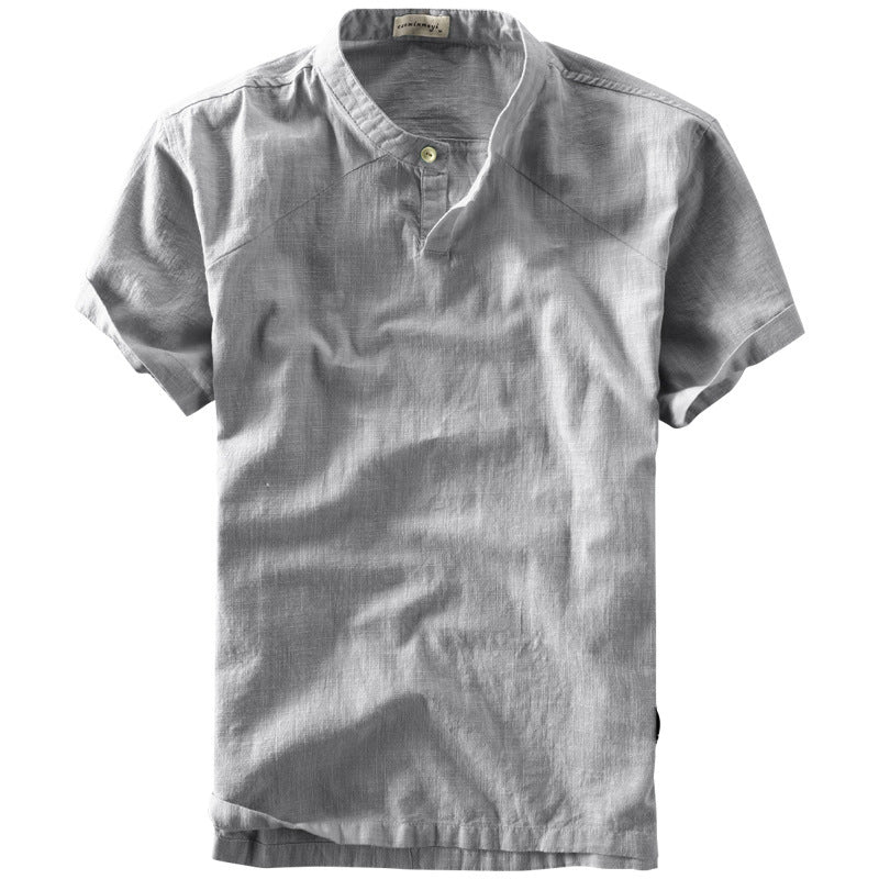 Casual Chinese Style Loose Standing Collar Cotton Linen Short Sleeved Shirt