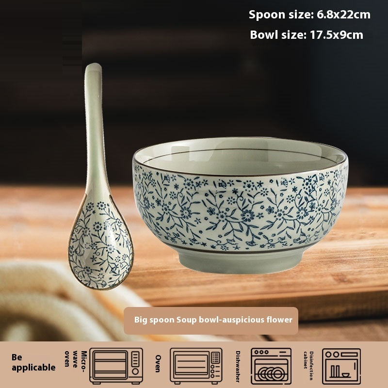 Household Ceramic Long Handle Scoop And Spoon Deep Mouth Soup Bowl