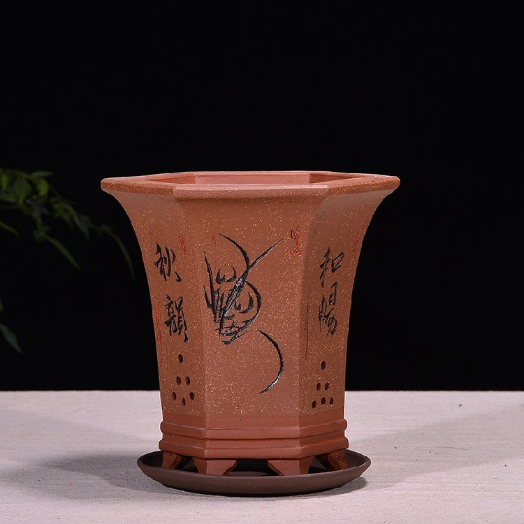 Fine Zisha Flowerpot Hand-carved Hexagonal