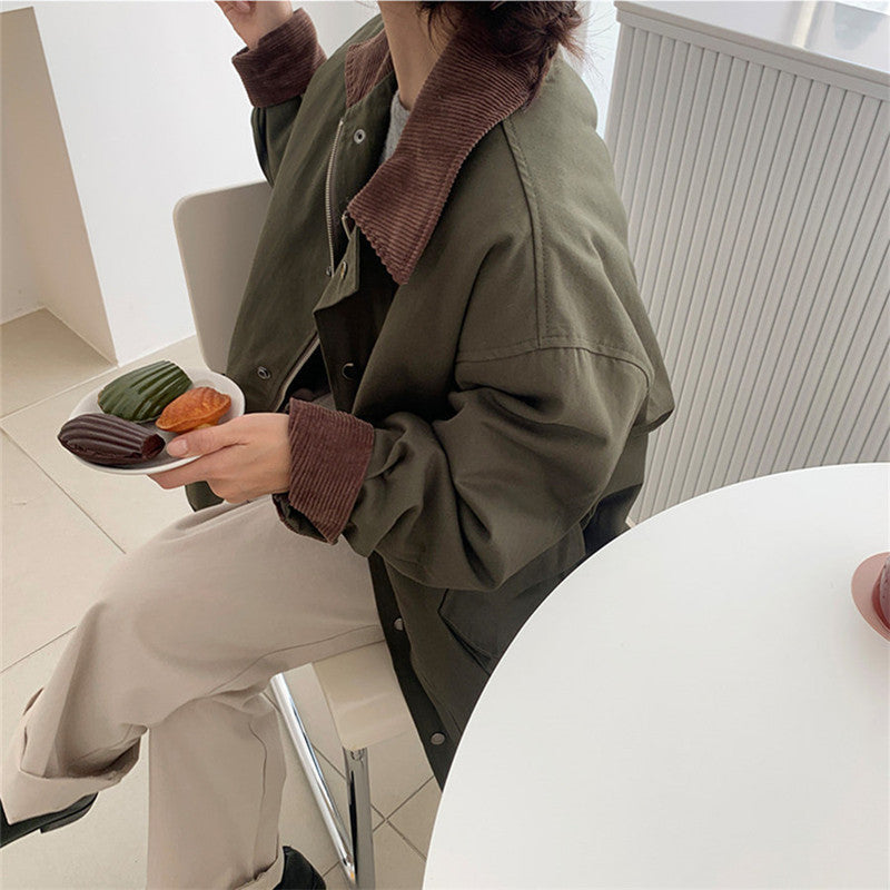 Color Matching Square Collar Plus Cotton Thickened Casual Jacket Top Women