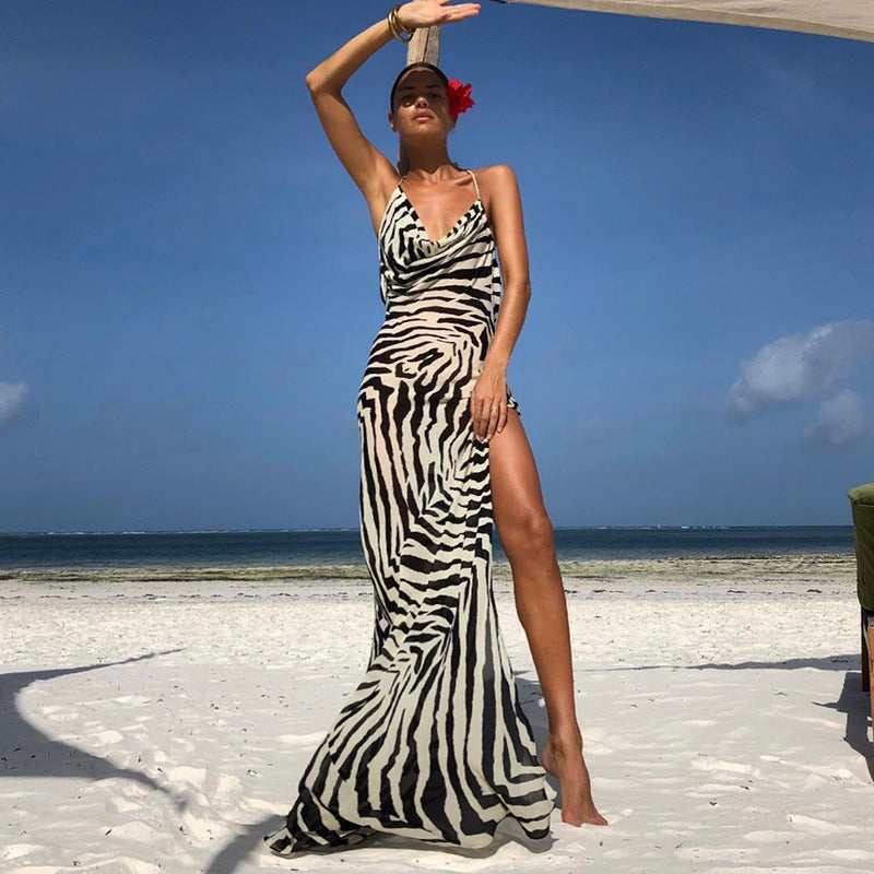 Resort Personality Zebra Print Temperament Slit Slip Dress