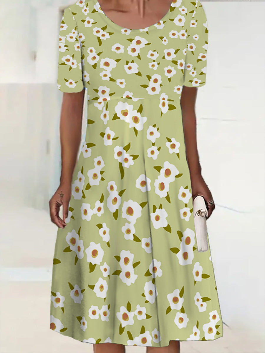 Women's Round Neck Short Sleeve Pleated Mid-length Dress