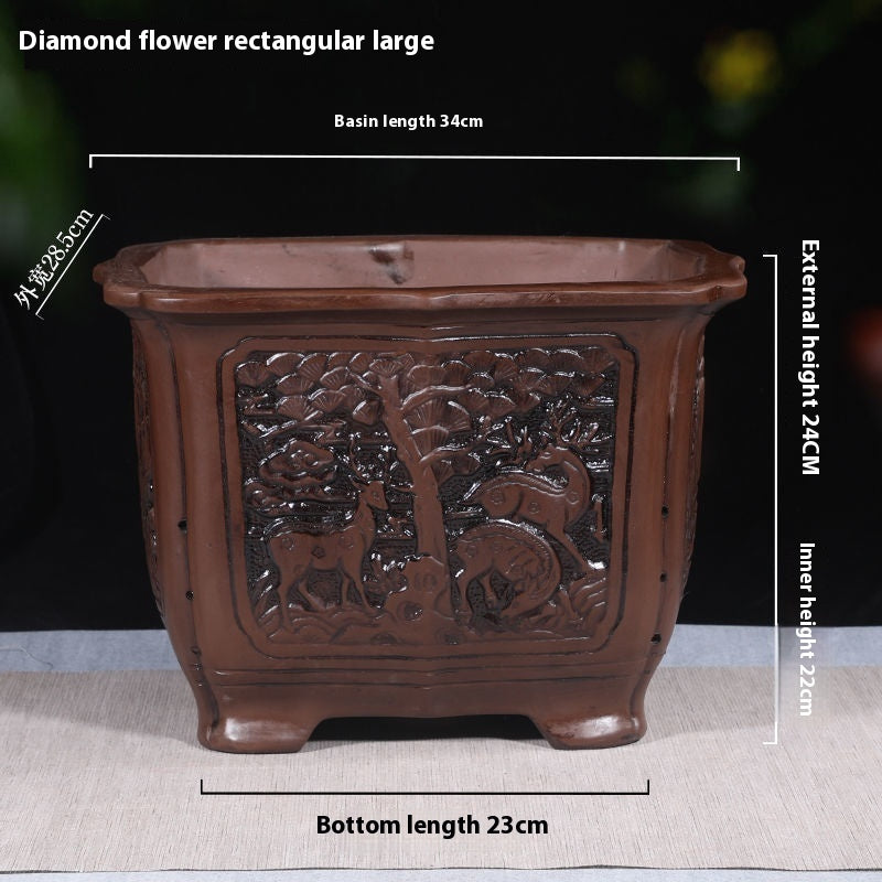 Banyan Flower Pot Purple Sand Relief Pachira Macrocarpa Welcome Pine Happiness Tree Ganoderma Old Pile Extra Large Ceramic Landscape Basin