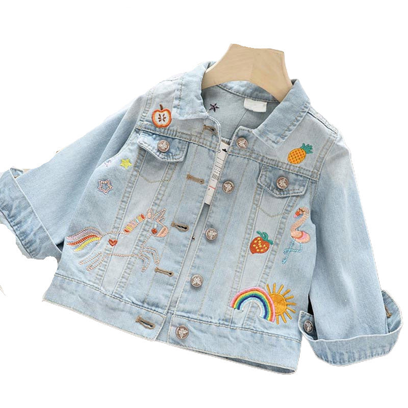 Children's Graffiti Embroidered Lapel Short Denim Jacket