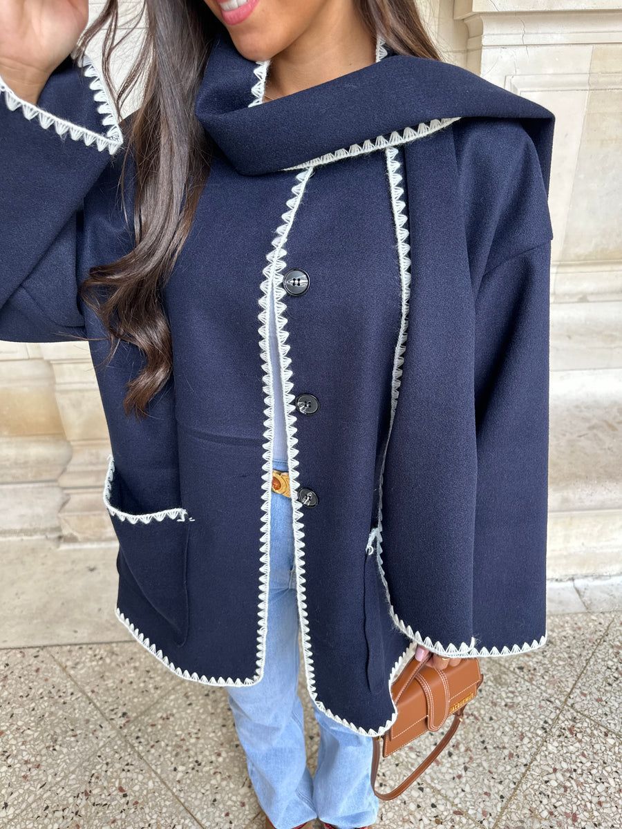 Women's Fashion Color Contrast Scarf Woolen Coat