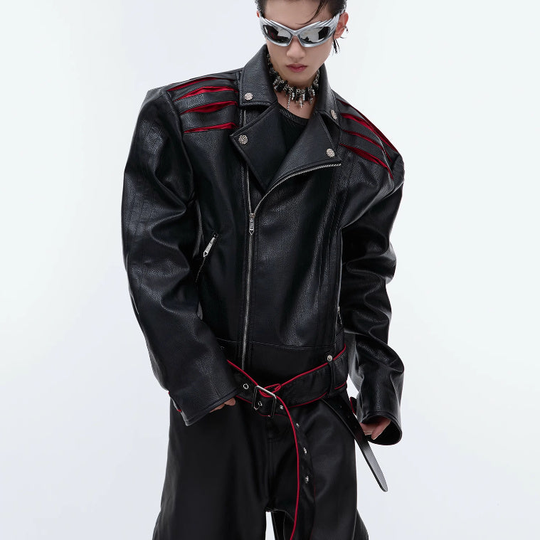 Niche Deconstruction Backbone Pleated Design Sense Short Leather Jacket