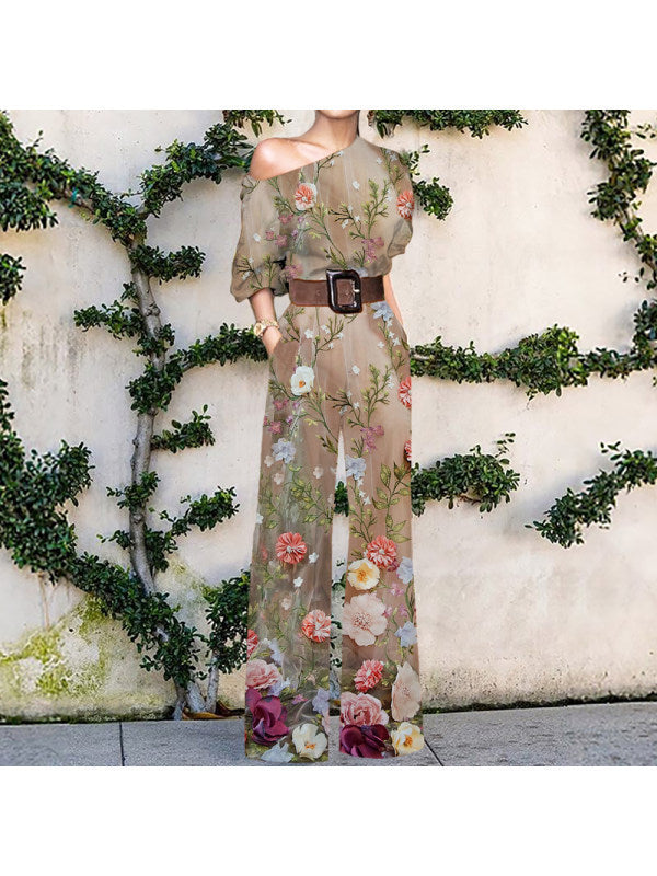 European American Fashion Floral Print One-shoulder High Waist Jumpsuit For Women