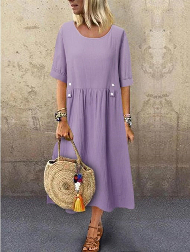 Plus Size Casual Round Neck Shirt With Half Sleeve Button Dress Women
