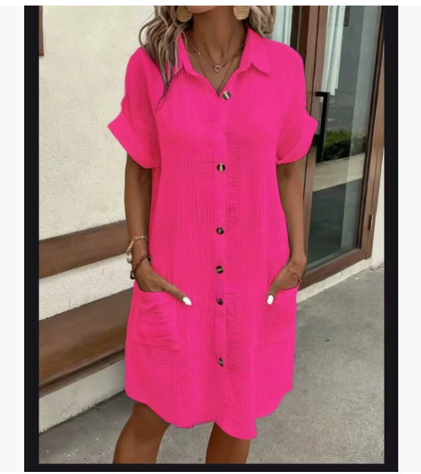 Summer Simplicity V-neck Buttons Cotton Linen Women's Shirt Dress