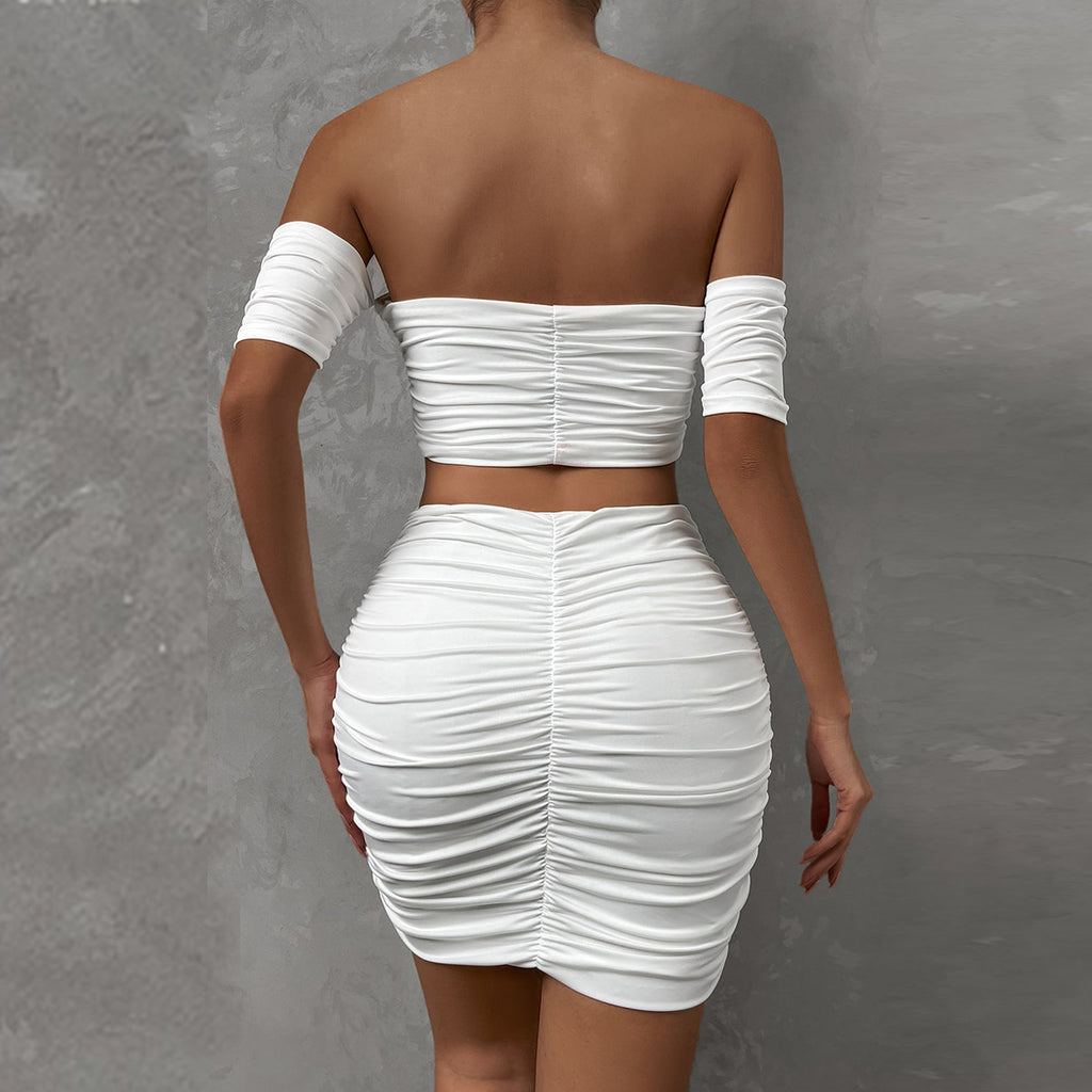 Women's Fashionable Casual Raglan Short Sleeve Pleated Hip Skirt