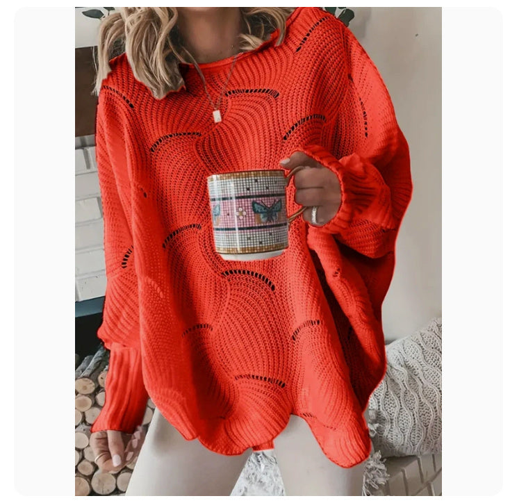European And American Leisure Fashion Plus Size Hollow-out Hook Flower Loose Solid Color Sweater