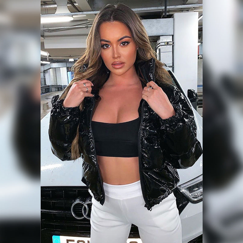 Women's Solid Color Zipper Mirror Leather Warm Padded Jacket