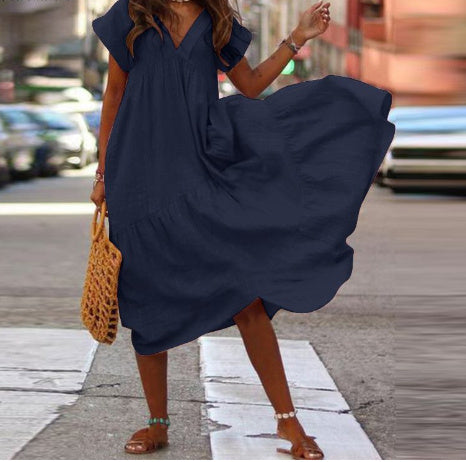 Plus Size Multicolor Cotton Linen Loose V-neck Women's Dress