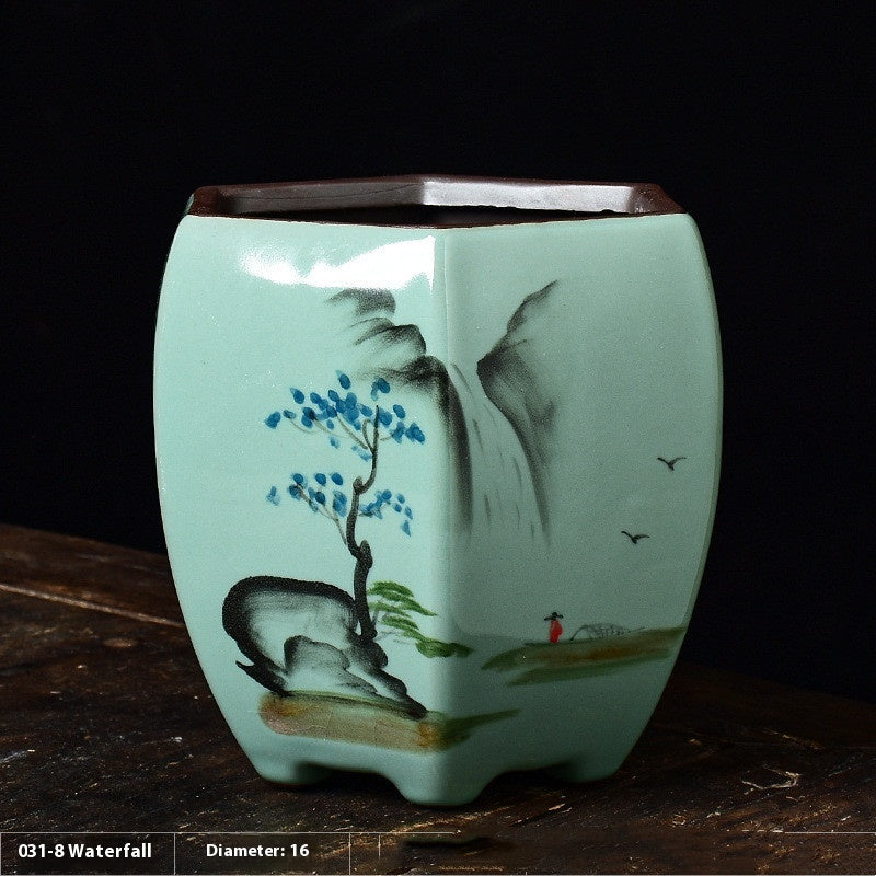 Celadon Hand Painted Ceramic Hexagonal Green Plant Pot