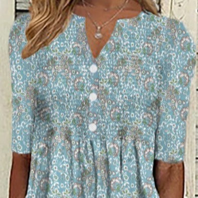 Casual Flower Print Pocket Pleated V-neck Button Dress