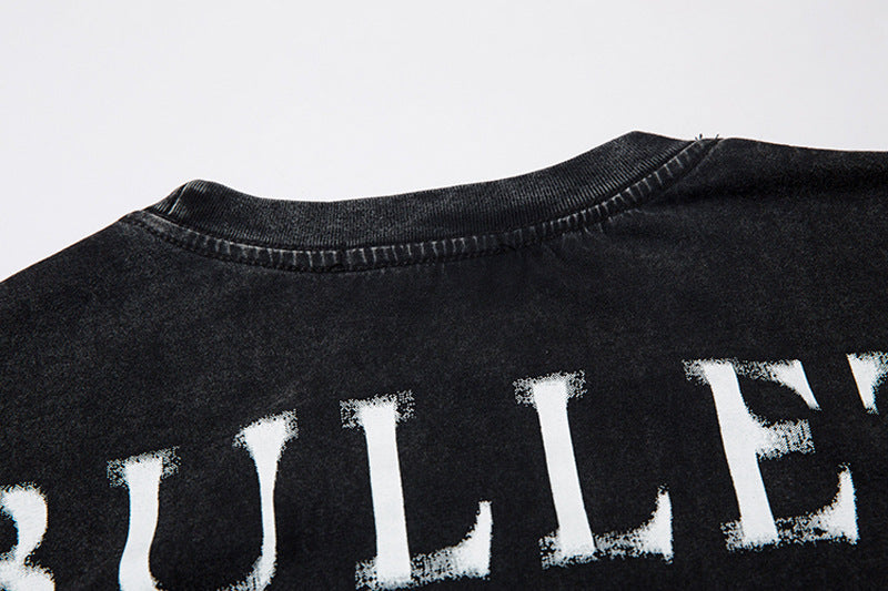 American Retro Hip Hop Washed Old Big Letter Graffiti Short Sleeve Men's Clothing