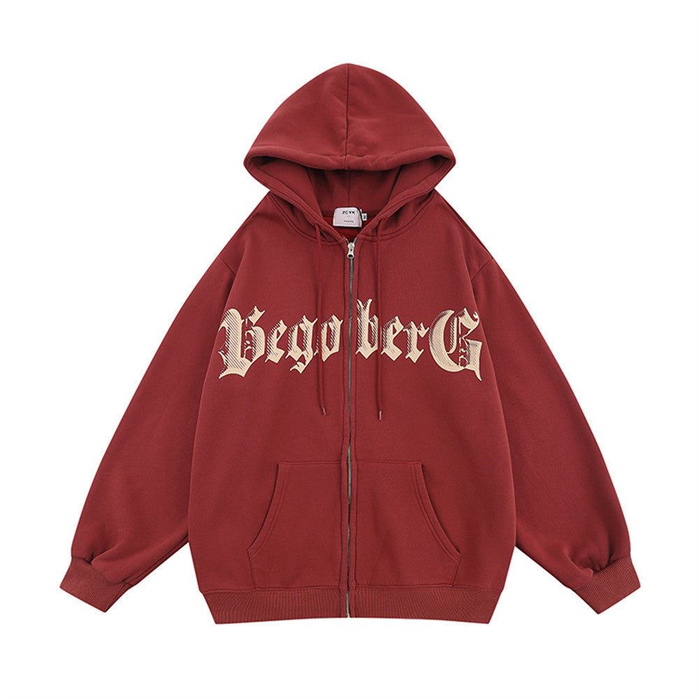 Creative Letters Printing Plus Velvet Hooded Cardigan Sweaters Menswear Loose Zipped Sports Coat