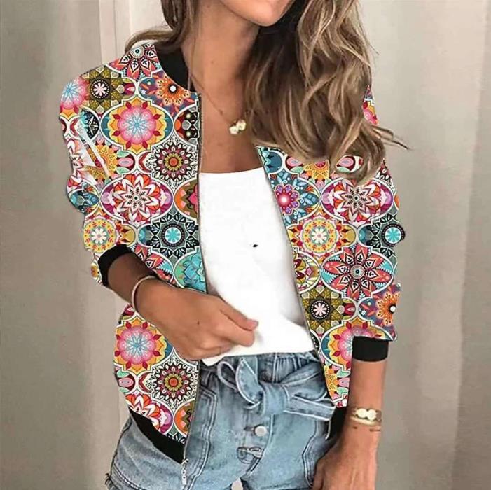Women's Casual Printed Zipper Short Jacket