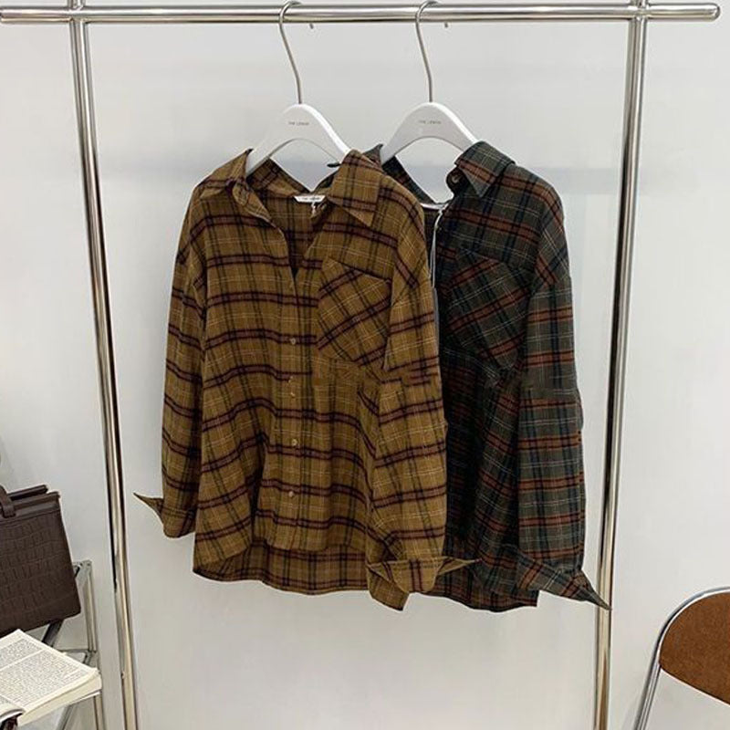 Vintage Women's Plaid Shirt Oversized Blouse Korean Fashion Long Sleeve Top