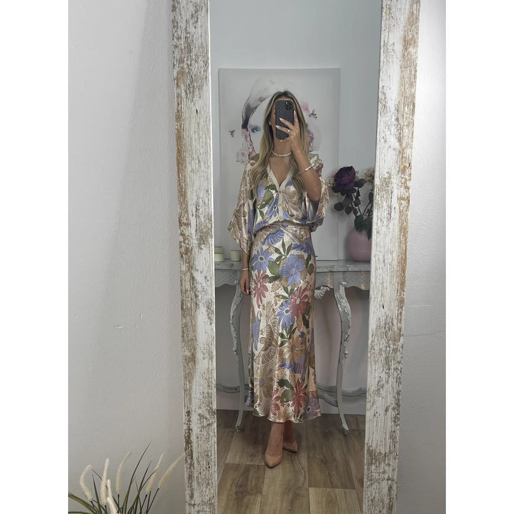 Elegant Home Satin Printed Short Sleeve Wrapped Skirt