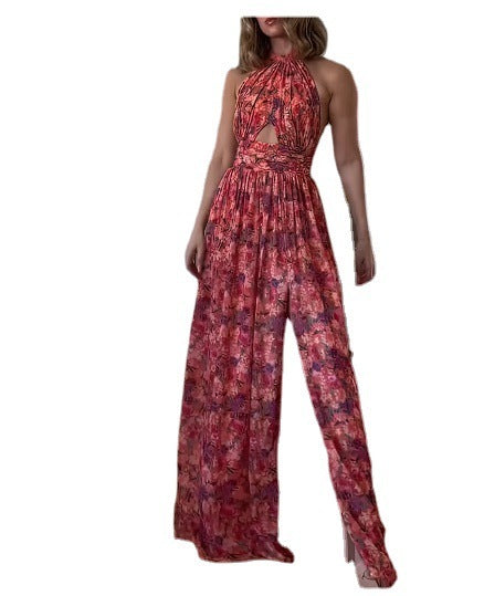 Fashion Printed Cross Collar Lace Pleated Sleeve Dress