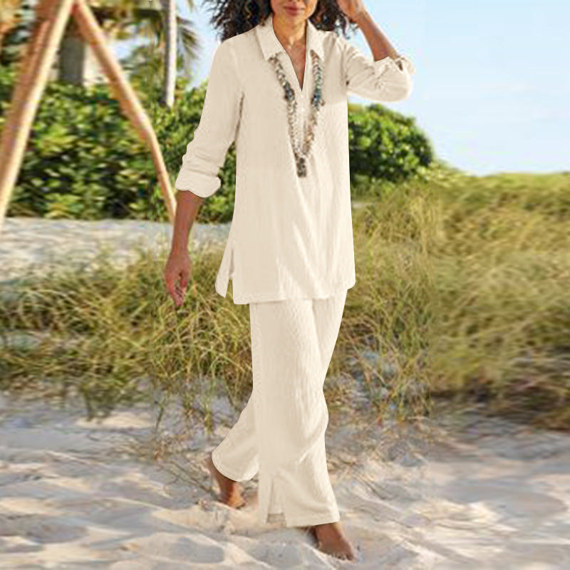 Solid Color National Style Retro Pants Suit Cotton And Linen Casual Long Sleeve Loose Cotton Suit