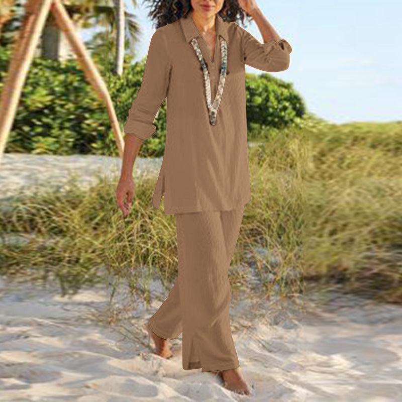Solid Color National Style Retro Pants Suit Cotton And Linen Casual Long Sleeve Loose Cotton Suit