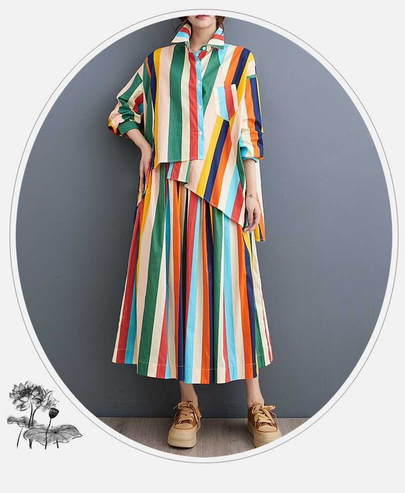 Loose Artistic Color Stripes Irregular Shirt Big Hem Skirt Two-piece Set