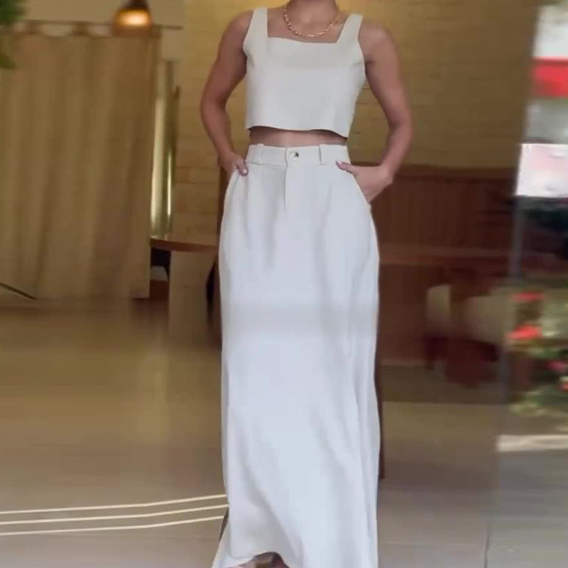 Woman Square-neck Short Sleeveless Sling High Waist Skirt Casual Suit