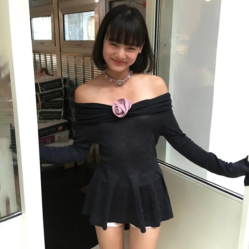 Off-neck Rose Decorative Flower Dress