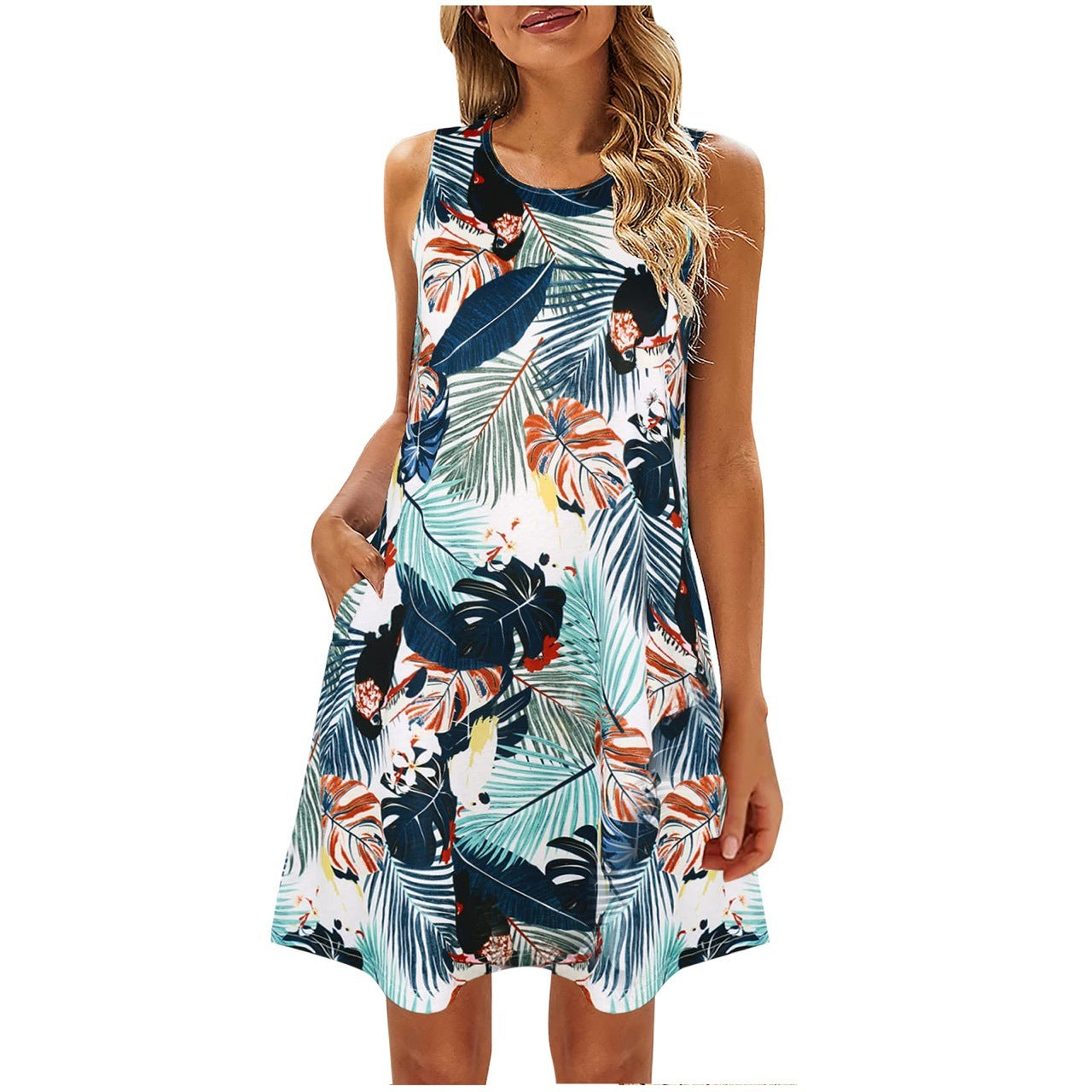 Printed Vest Pocket Dress Women