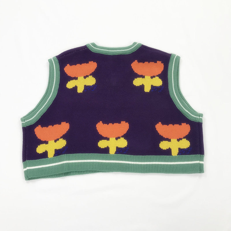 Autumn Winter Women Floral Vest V Neck Loose Knitted Pullovers Short Sweater