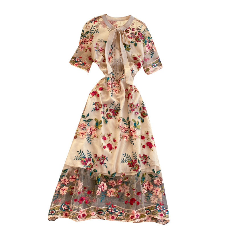 Niche Hepburn Style New Bow-neck Short-sleeved Dress