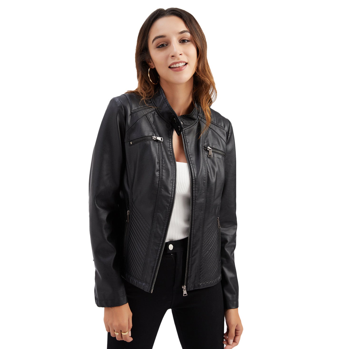Women's Fashion Standing Collar Faux Leather Slim Type Without Belt Long Sleeve Jacket