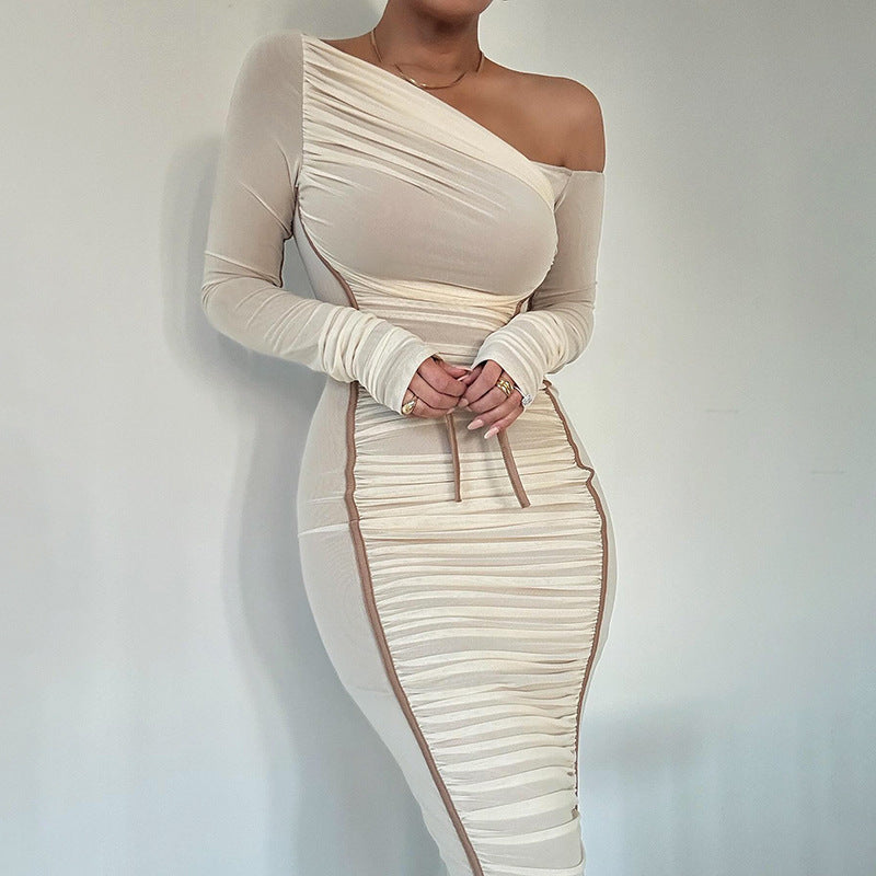 Summer Women's Diagonal Collar Long Sleeve High Waist Mesh Dress