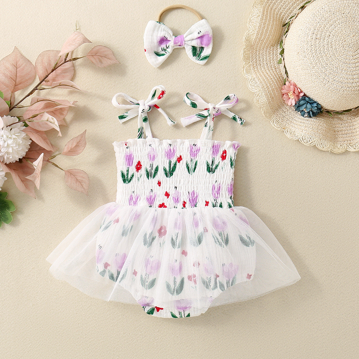 Baby Girl Flower Print Sling Triangle Rompers Tulle Skirt