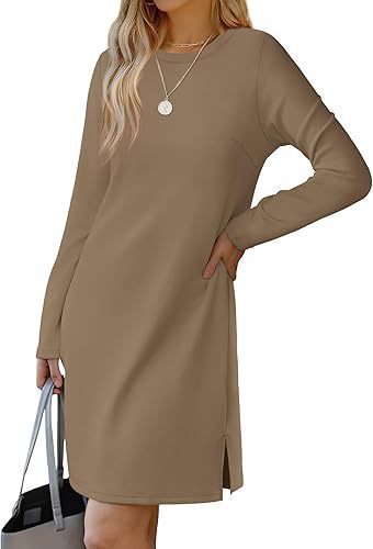 European And American Round Neck Slit Hemline At Hem Sweater Long Sleeve Casual Dress