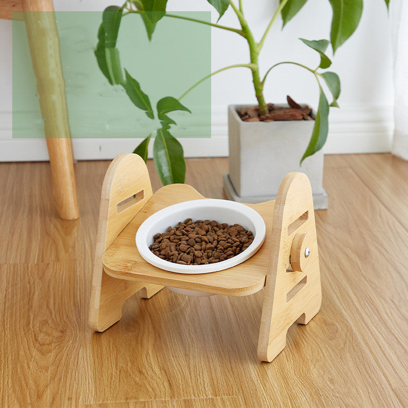 Cat Bowl Solid Wood Ceramic Double Bowl Oblique Mouth Pet Bowl Protecting Cervical Spine Cat Food Bowl Cat Food Bowl