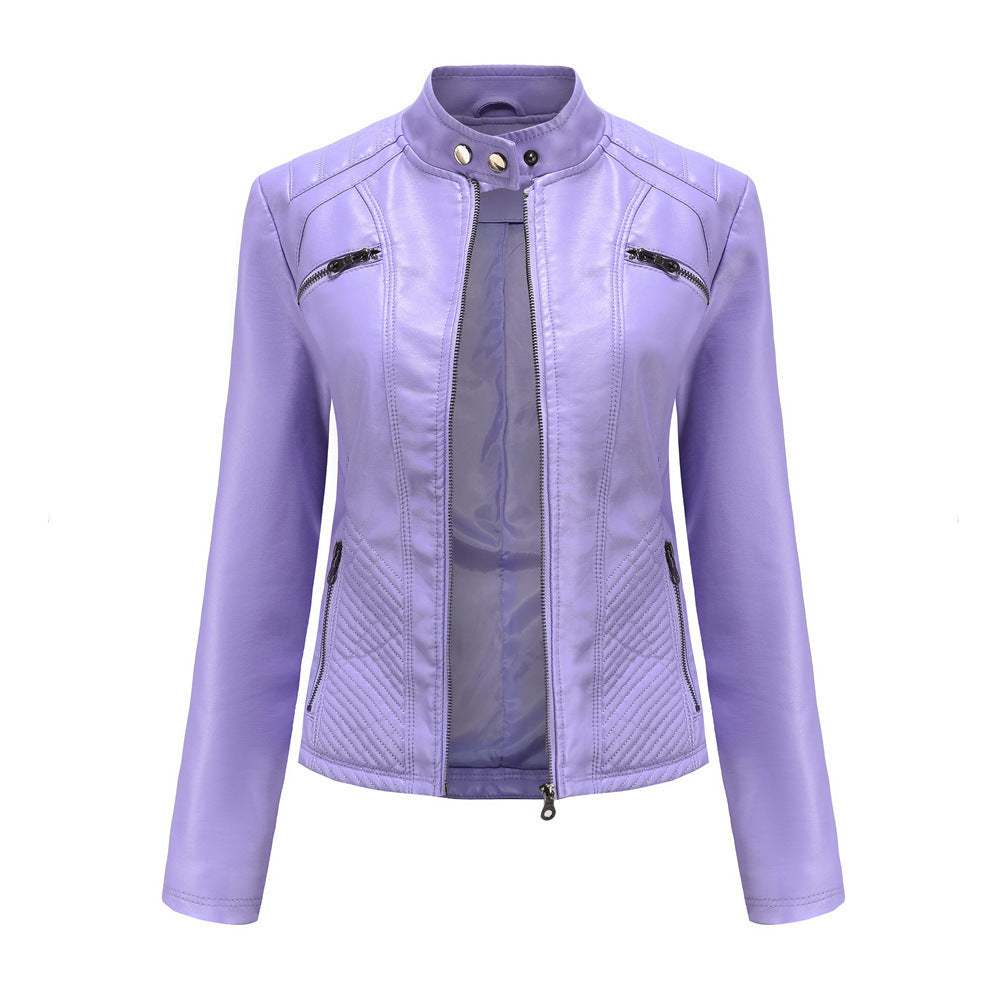 Women's Fashion Standing Collar Faux Leather Slim Type Without Belt Long Sleeve Jacket