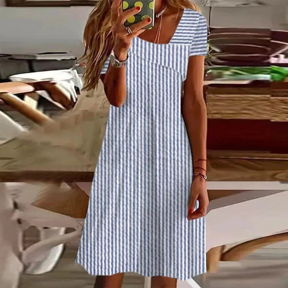 Fashion Women Striped Diagonal Collar Dress