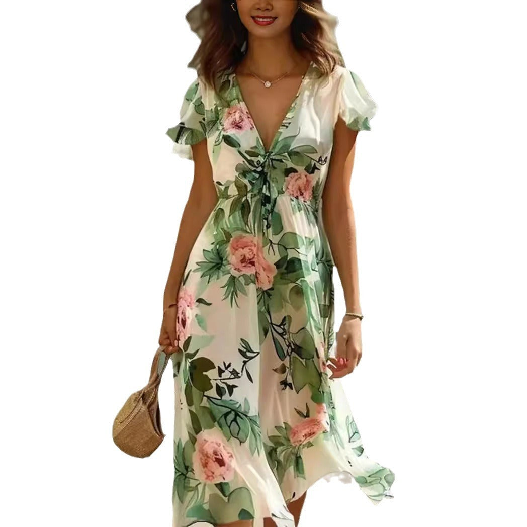 Printed Bohemian Women's V-neck Mid-length Dress Sleeveless Summer