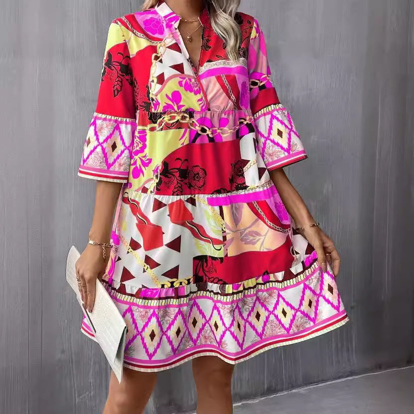 Pleated Sleeve Printed Flared Sleeve Ruffled Hem Dress