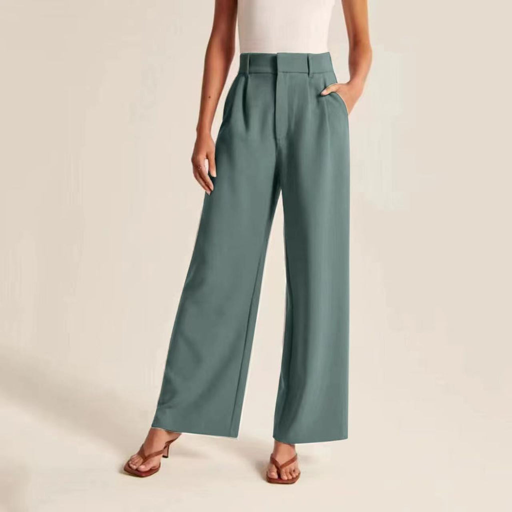 Commuter Drooping Slimming Solid Pocket High Waist Wide Leg Pants