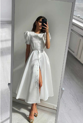 Round Neck Puff Short Sleeve Pleated Waist Tight Dress