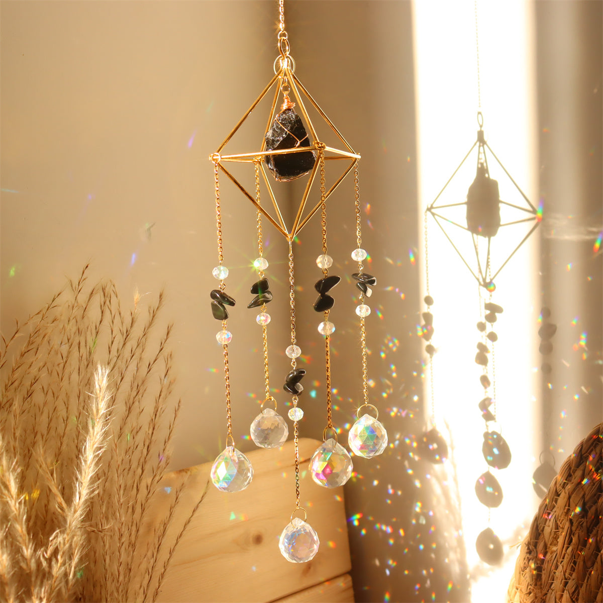 Natural Stone Metal Crystal Ball Wind Chime Pendant