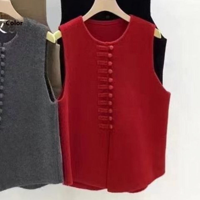 Knitted Vest Western Style Minimalist Sleeveless Chinese Knot Button Top