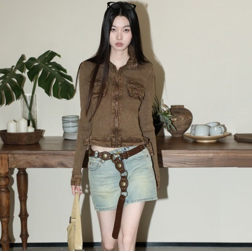 Distressed Three-dimensional Pocket Patchwork Retro Workwear Zipper Jacket Long-sleeved Top