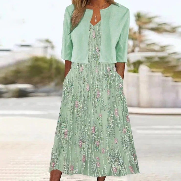 Ethnic Style Elegant Floral Print Vest Dress Cardigan Two-piece Set